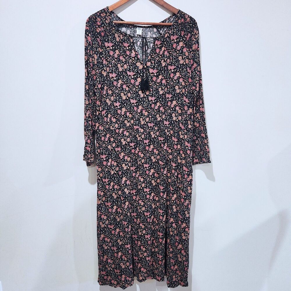 Old Navy Black Floral Micro Print Tassel Maxi Dress Size XXL Boho Gypsy Hippie